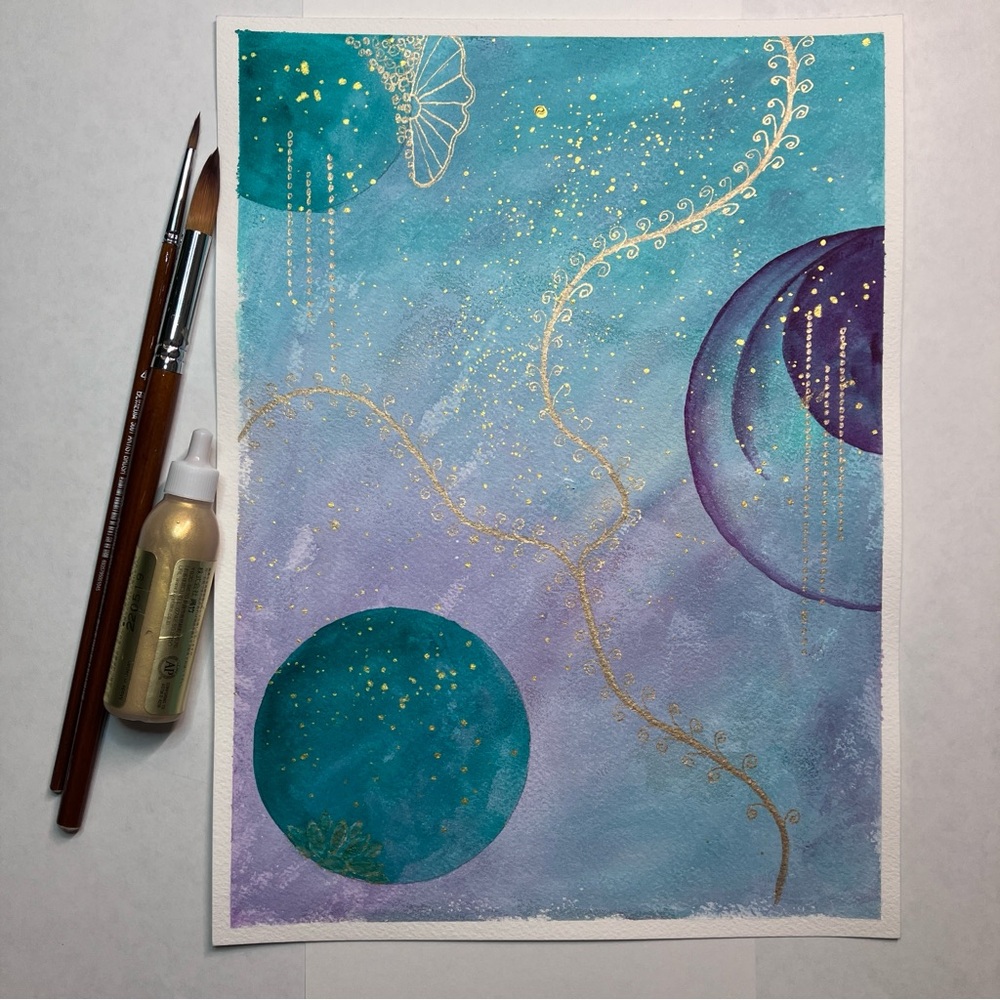 Abstract Original Watercolor Gold Leaf Floral Green & Purple Painting, 9x12